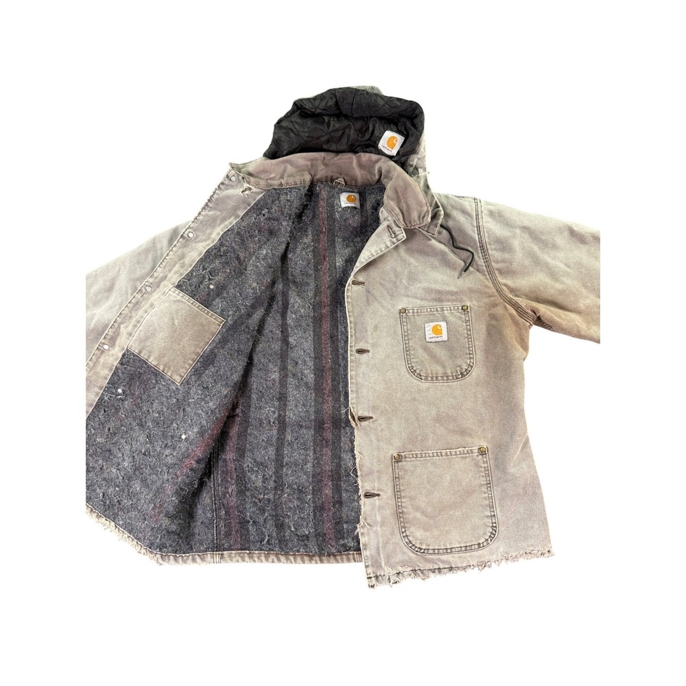 Vintage Carhartt Chore Coat Mens XL Gray Blanket Lined Distressed Hooded Duck